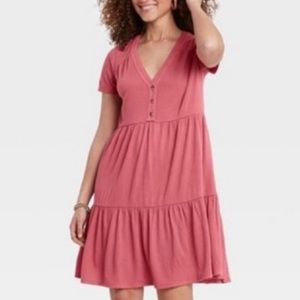 Women’s Short Sleeve Button-Front Knit Tiered Babydoll Dress